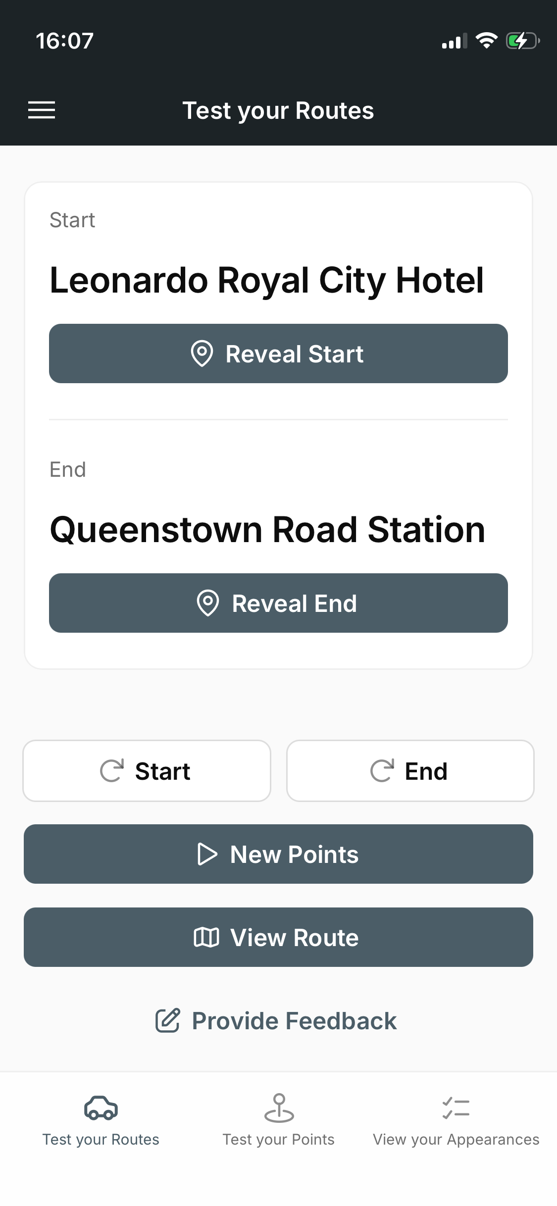 Demo view of the Test your Knowledge app practice routes
