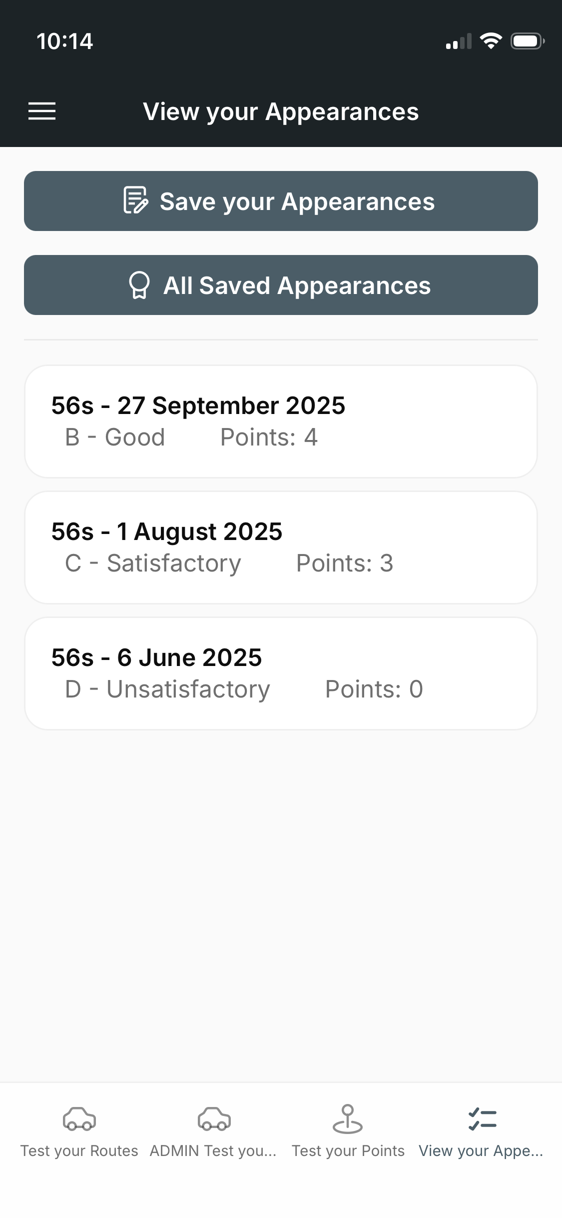 Demo view of the Test your Knowledge app view your saved appearances